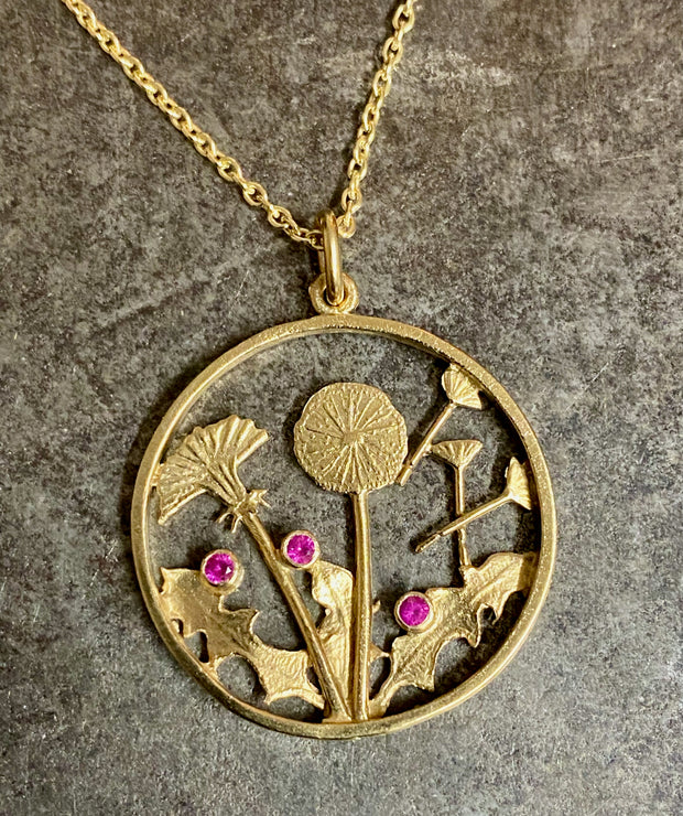 DANDELION PENDANT - GOLD PLATED OR SILVER - W. THREE GREENLANDIC RUBIES