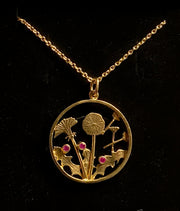 DANDELION PENDANT - GOLD PLATED OR SILVER - W. THREE GREENLANDIC RUBIES