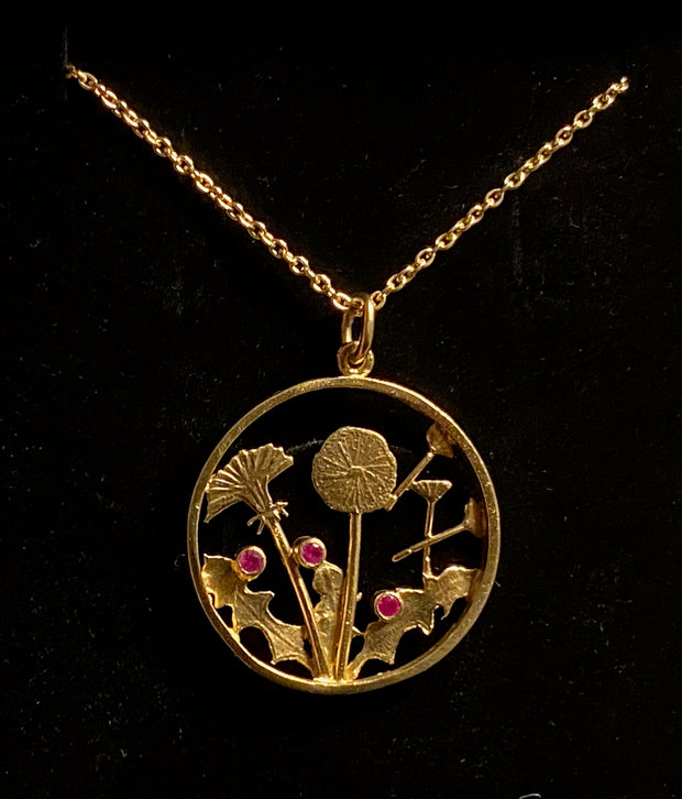 DANDELION PENDANT - GOLD PLATED OR SILVER - W. THREE GREENLANDIC RUBIES